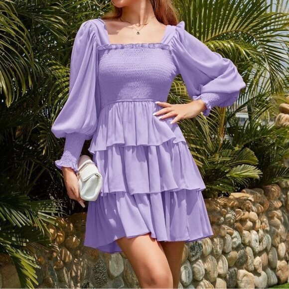 Byinns Square Neck Tie Back Bishop Sleeve Layered Flowy Swing Mini Dress XS - Picture 1 of 12